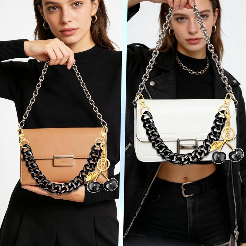 TUCEWP Black Purse Chain Strap 18.5 Inch Chunky Acrylic Bag Handle Shoulder Strap Replacement with Glitter Cherry Keychain Charms Luxury Handbag Decoration Chain Bag Accessories Charms for Women - Image 4